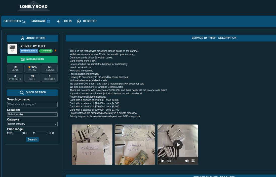 Darknet marketplace interface showing cloned card listings with images of cards and cash